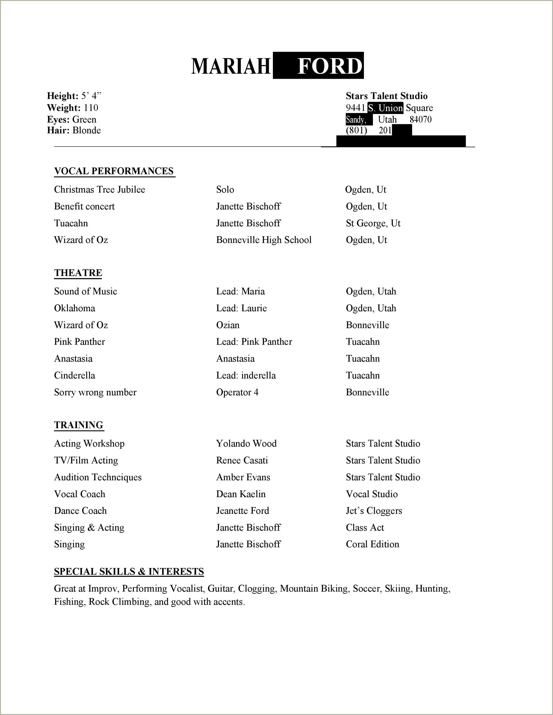 Special Skills And Abilities For Acting Resume