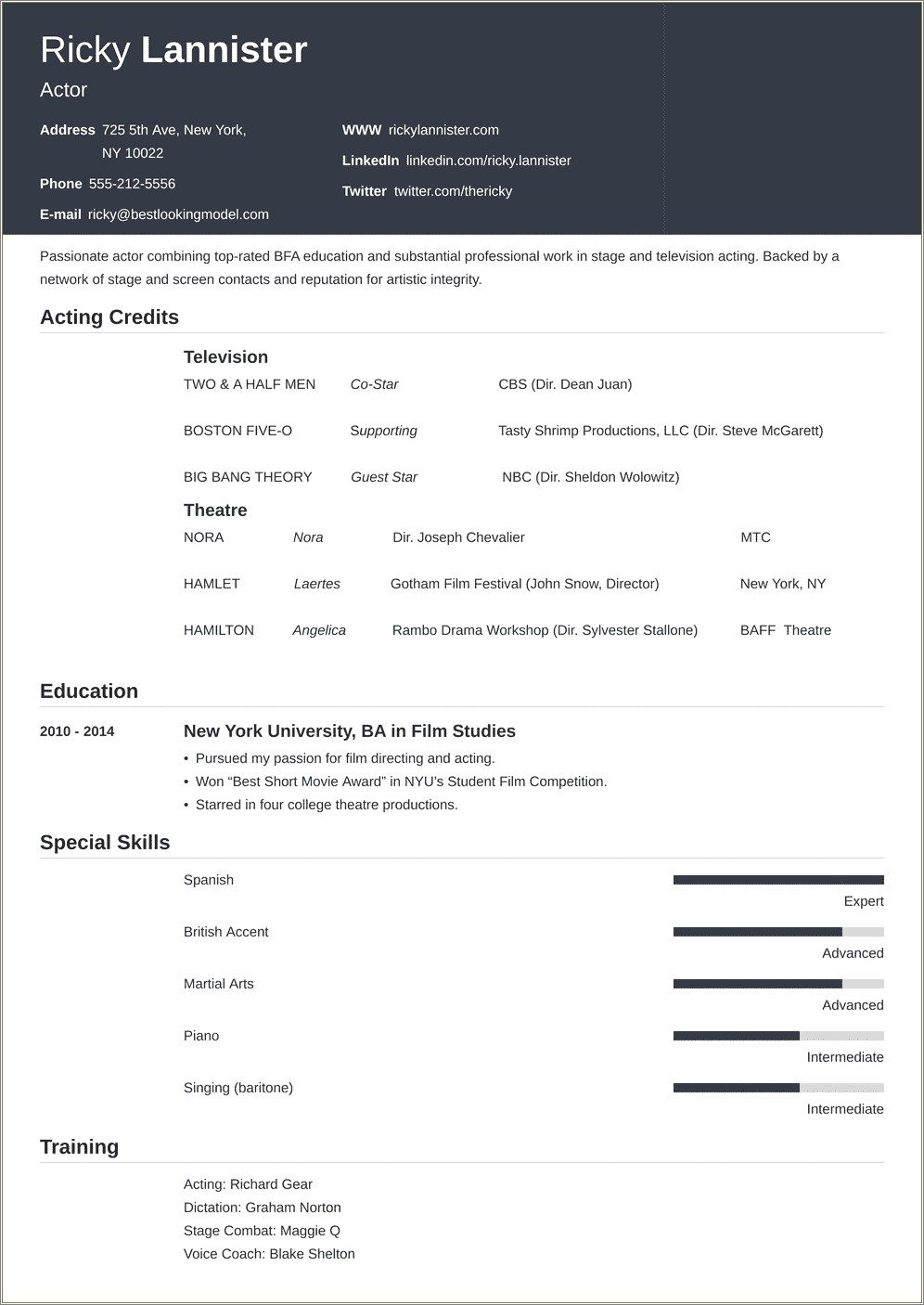 Special Skills For Acting Resume List