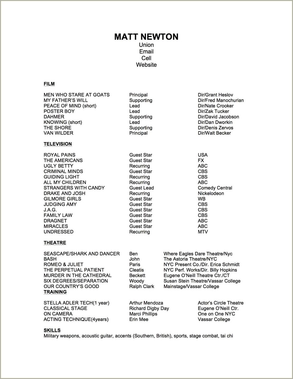 Special Skills For Musical Theatre Resume