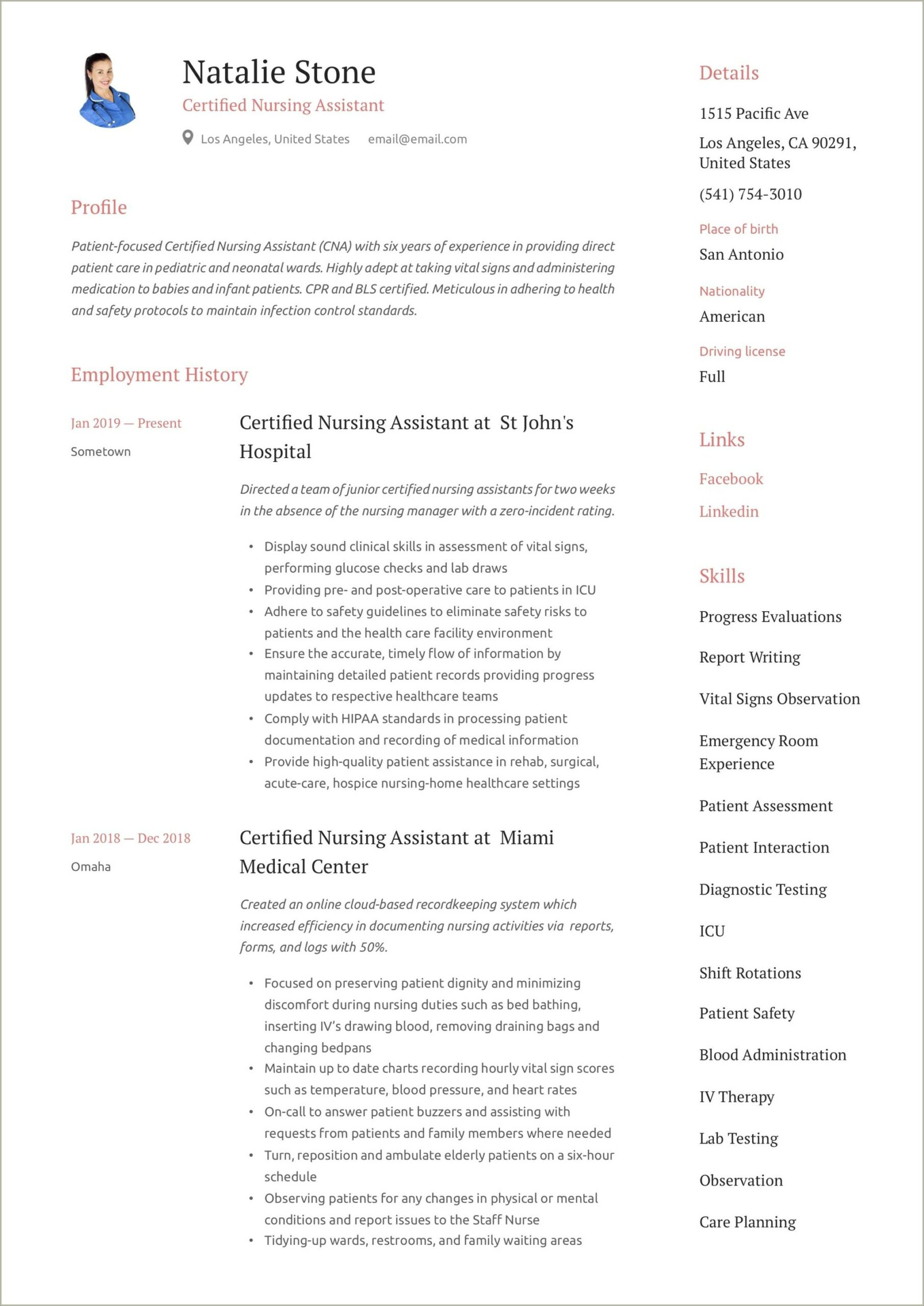 Special Skills For Nursing Assistant Resume