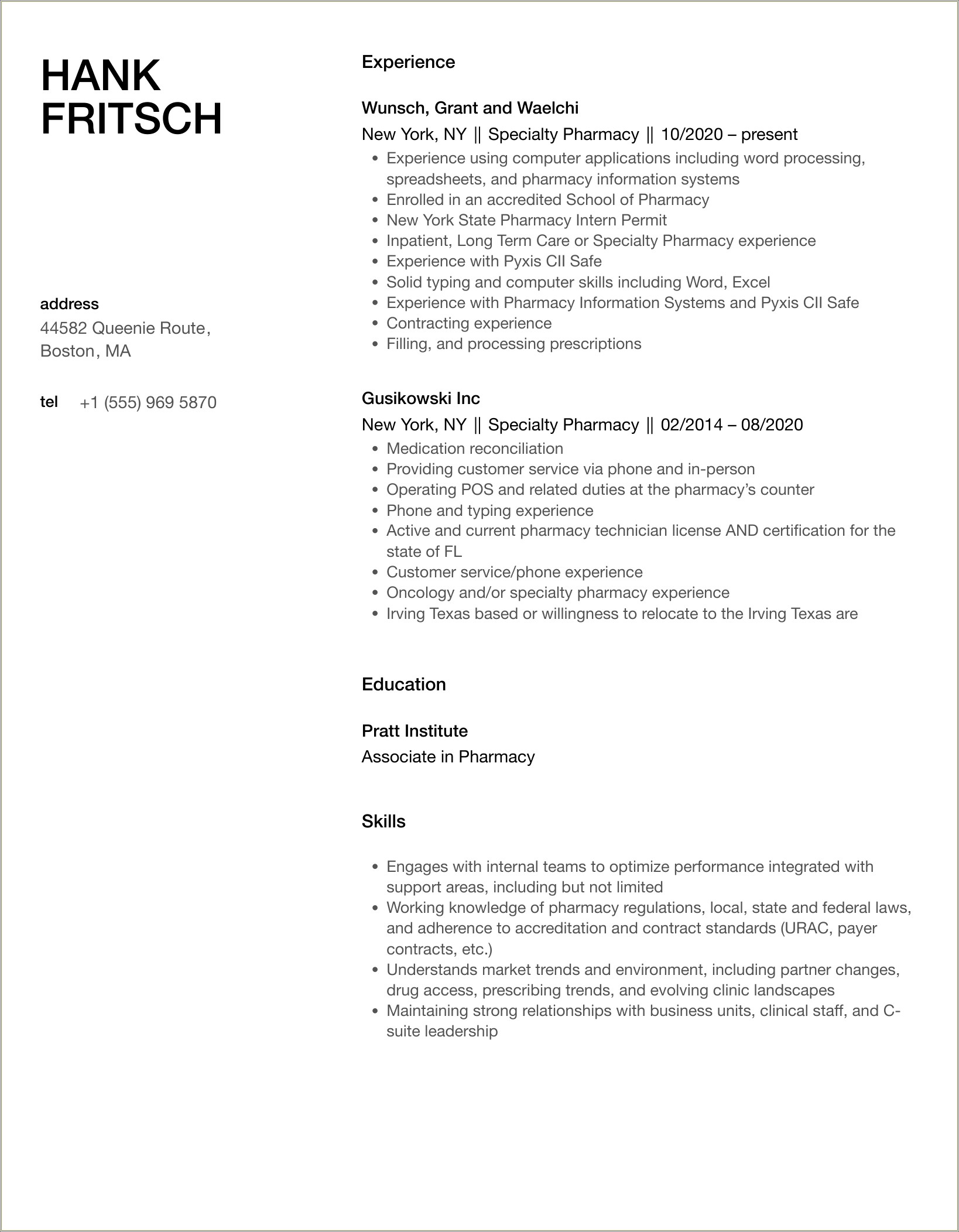 Specialty Pharmacy Summary On A Resume