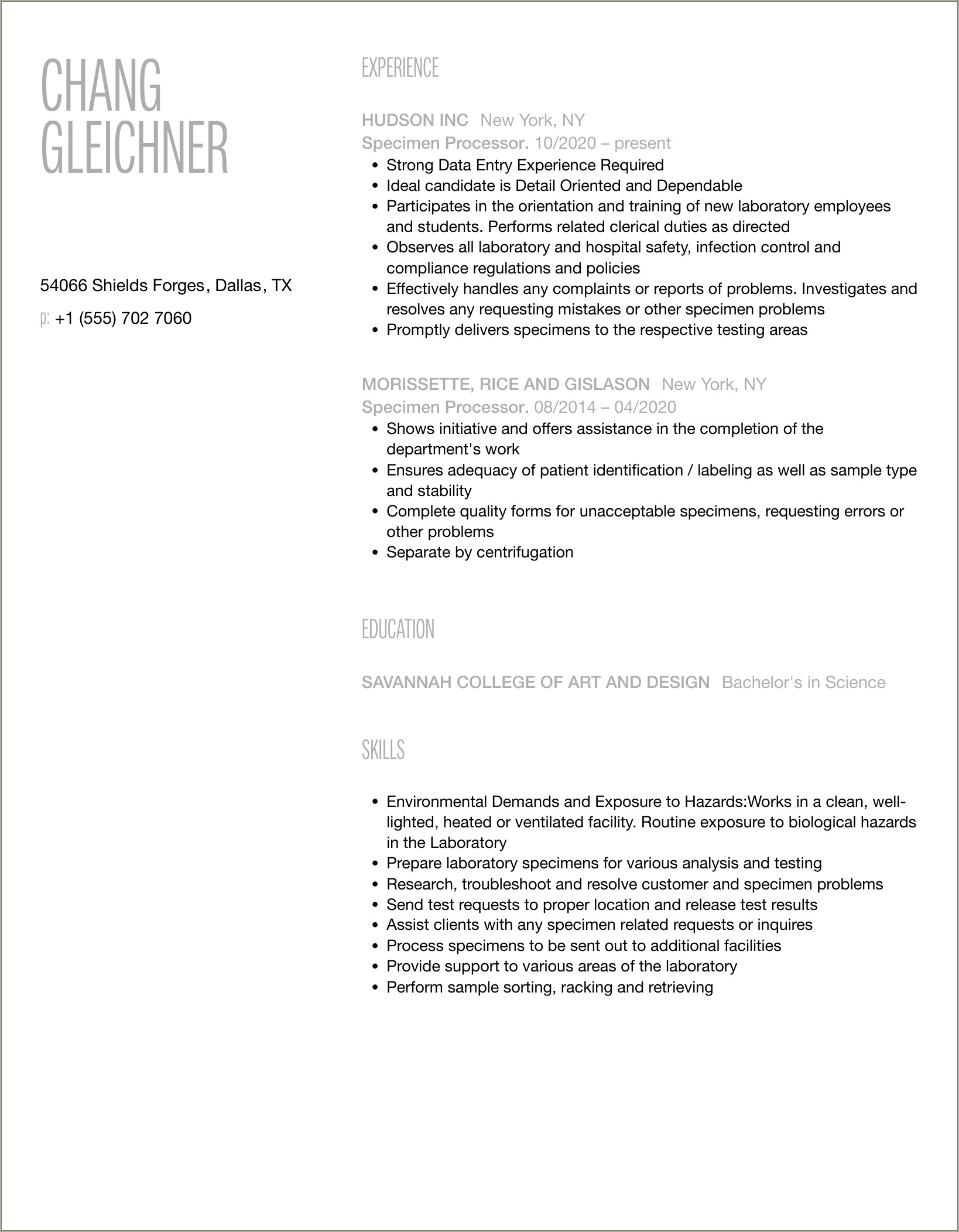 Specimen Processor Work Experience Resume Example