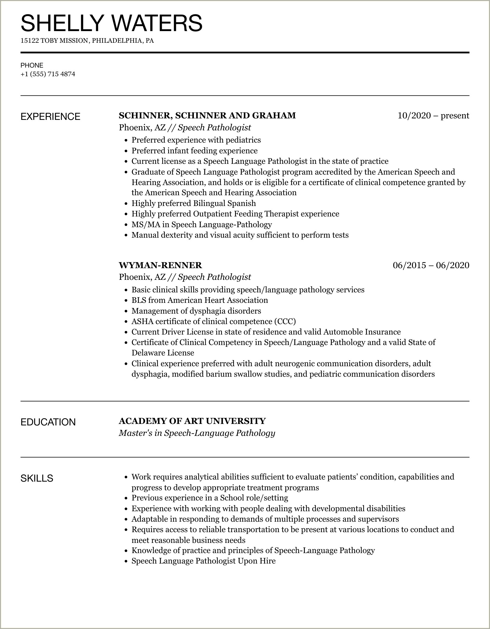 Speech Language Pathologist Resume Example Tssld