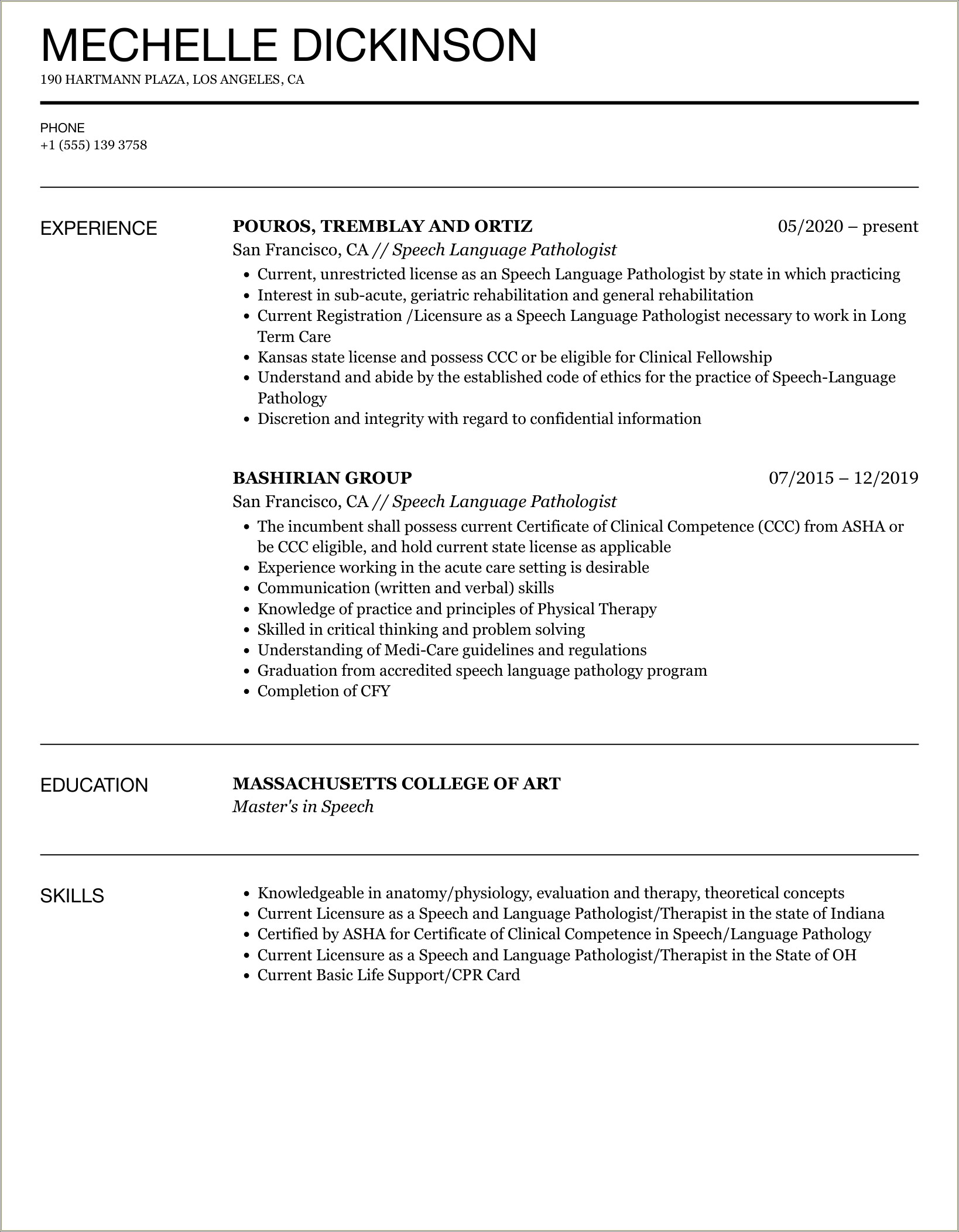 Speech Language Pathology Grad School Resume Samples