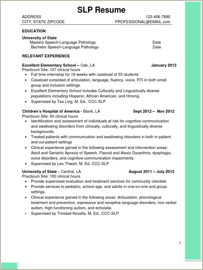 Speech Language Pathology Grad School Resume