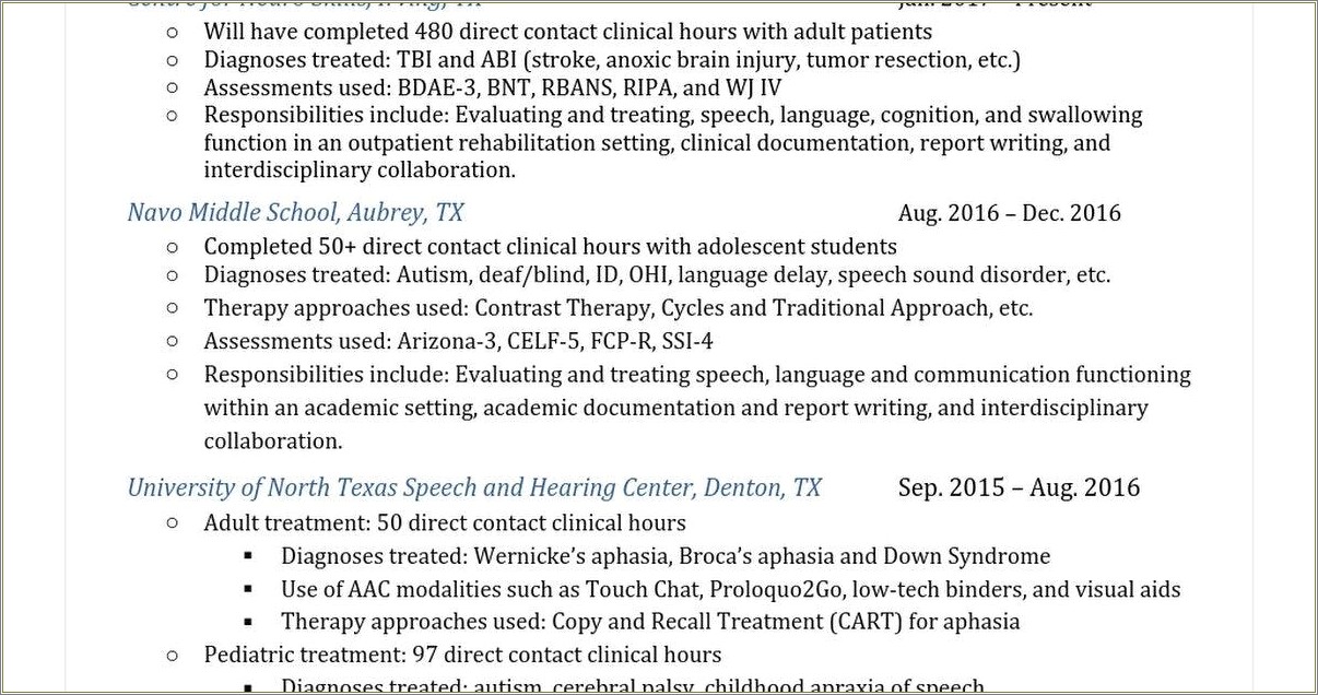 Speech Language Pathology Graduate School Resume