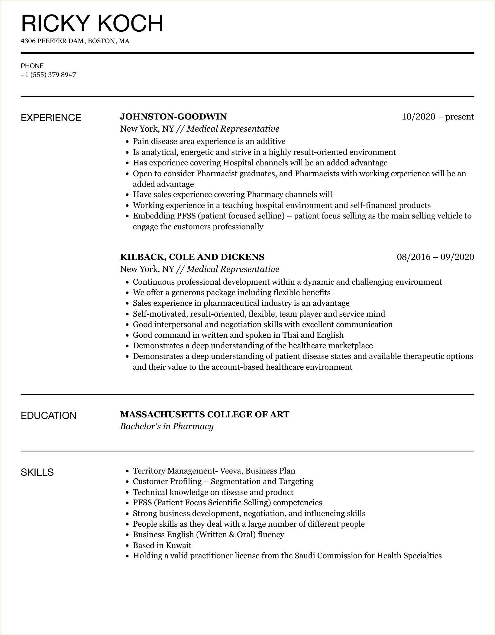 Spine Medical Device Representative Resume Example