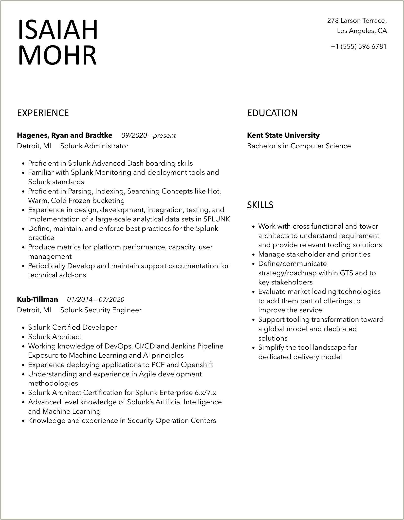 Splunk Admin Resume Sample In Pdf Fomat