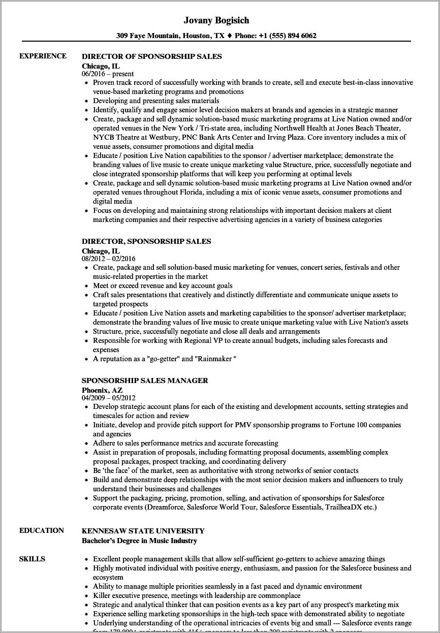 Sponsorship Agreement Activation Marketing Resume Examples