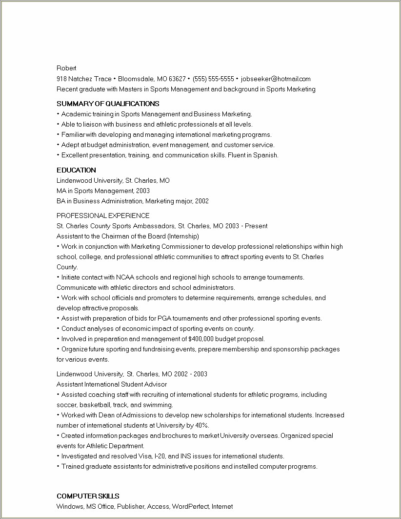 Sports Marketing Summary And Objective Section In Resume