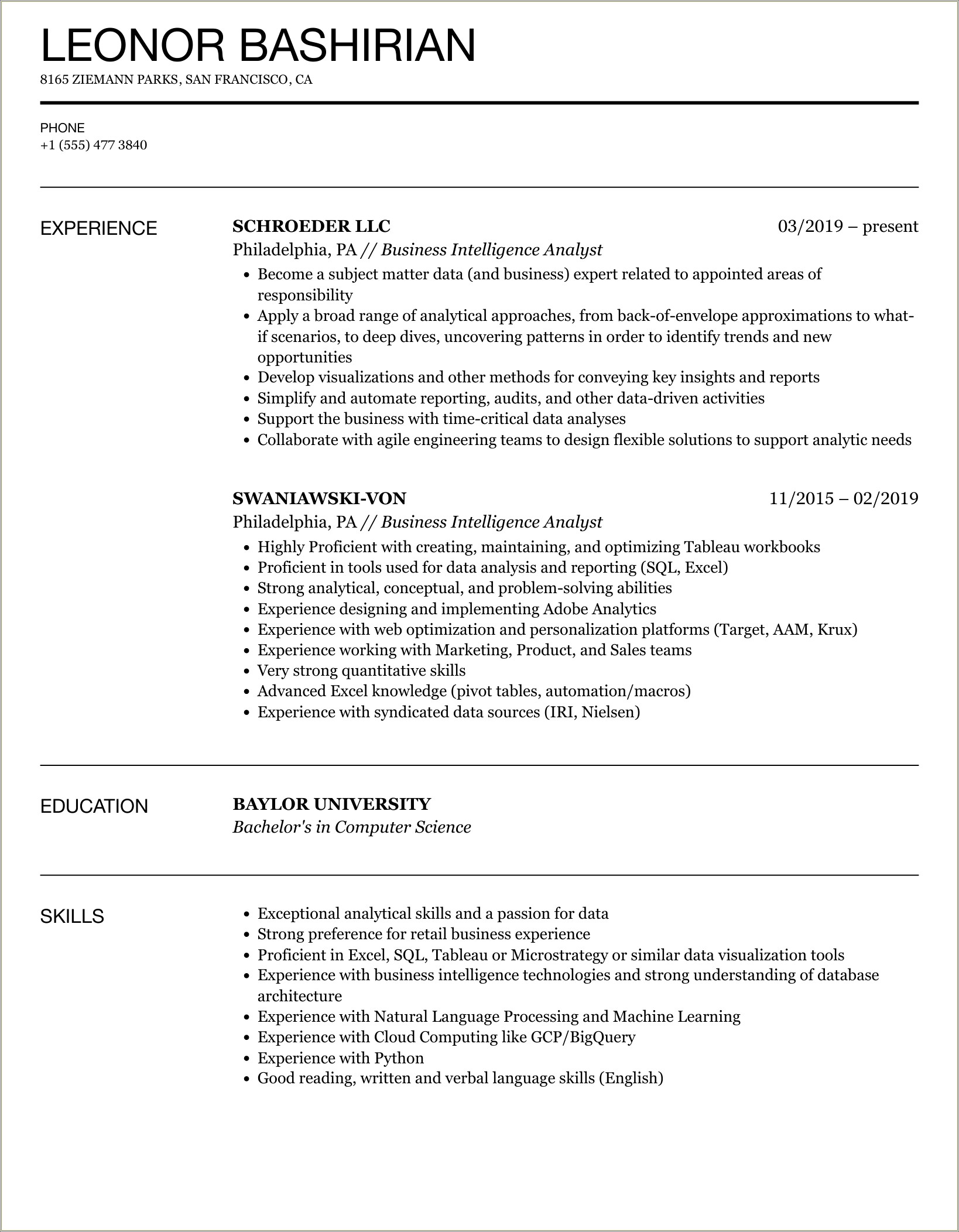 Sql Bi Skills Summary In Resume Samples