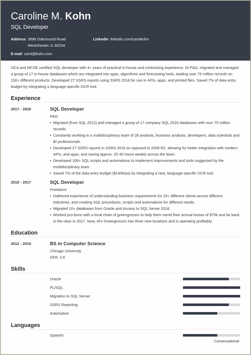 Sql Developer Resume 8 Years Experience