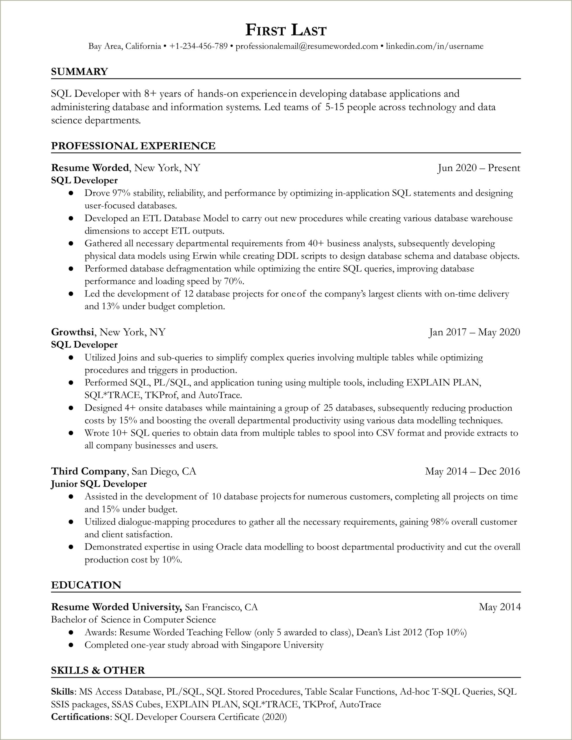 Sql Developer Resume For Fresher Samples