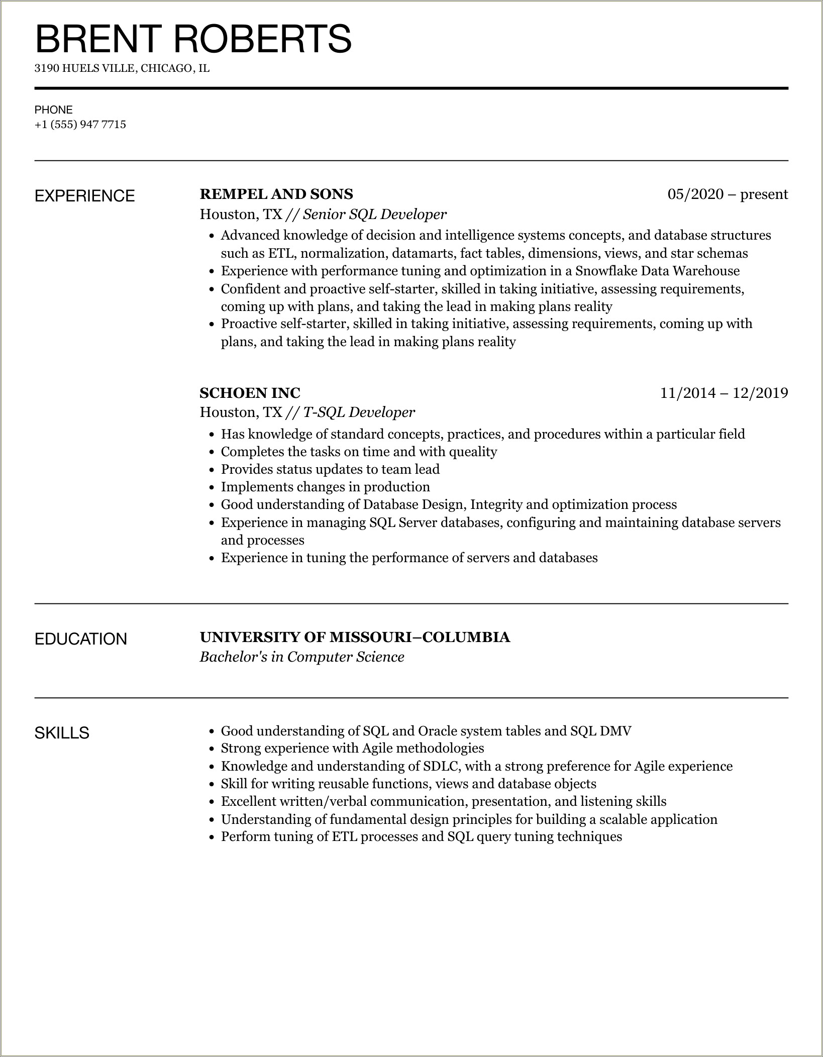 Sql Resume For 2+ Years Of Experience