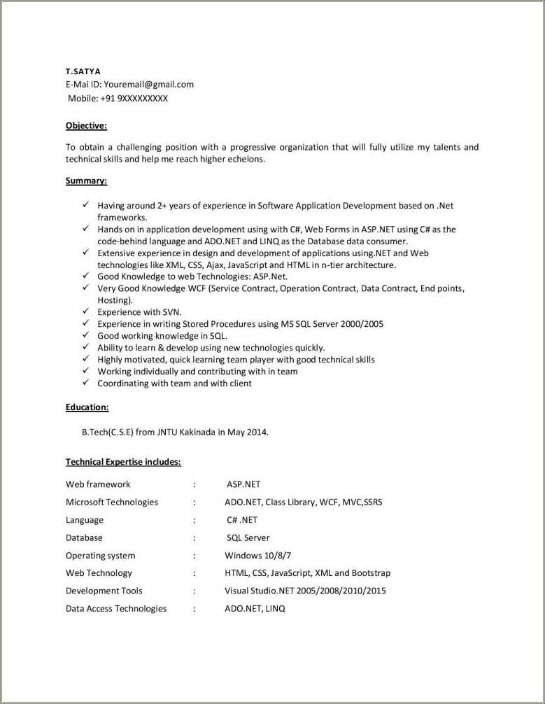 Sql Server 1 Year Experience Resume