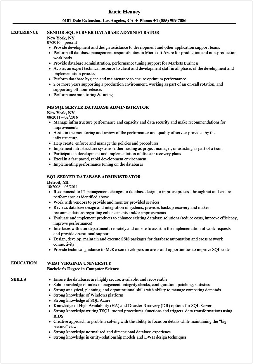 Sql Server Administrator Consultant Resume Sample