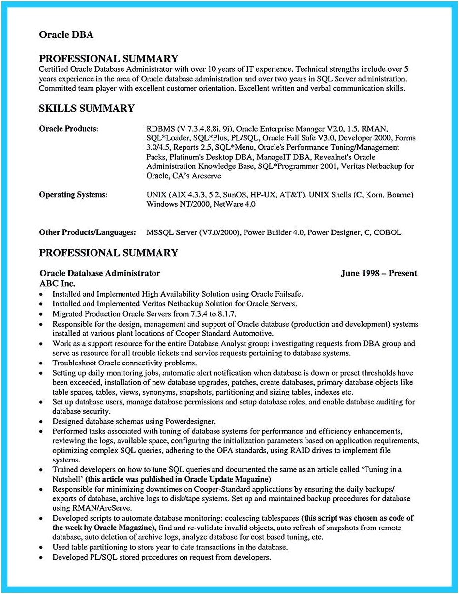 Sql Server Dba 1 Year Experience Resume