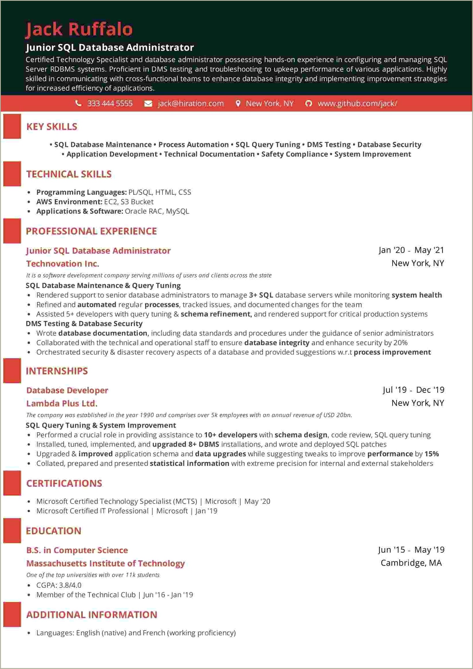 Sql Server Dba 2 Years Experience Resume