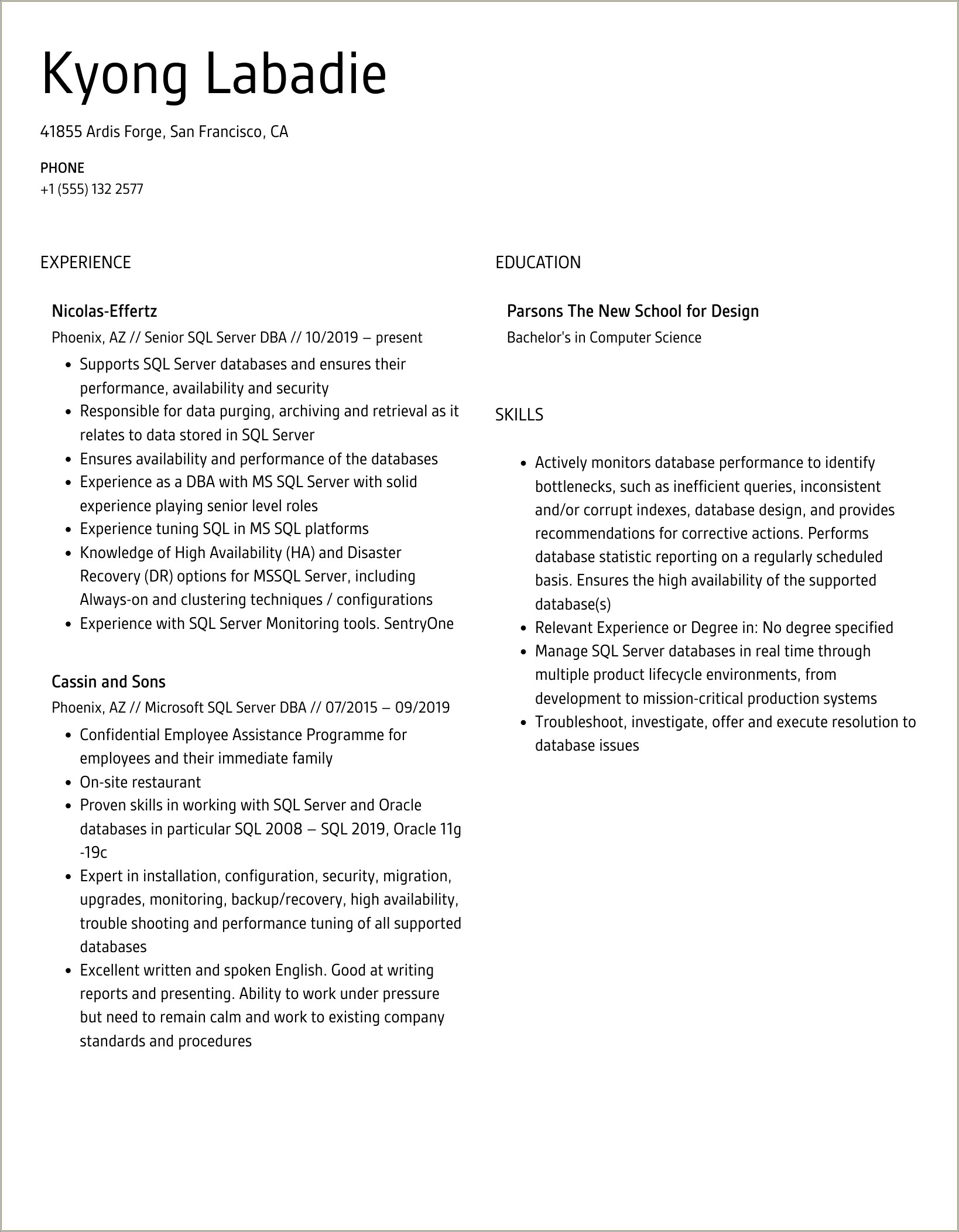 Sql Server Dba 3 Years Experience Resume