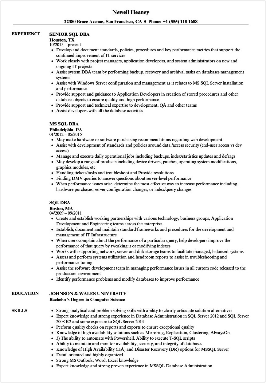 Sql Server Dba 4 Years Experience Resume