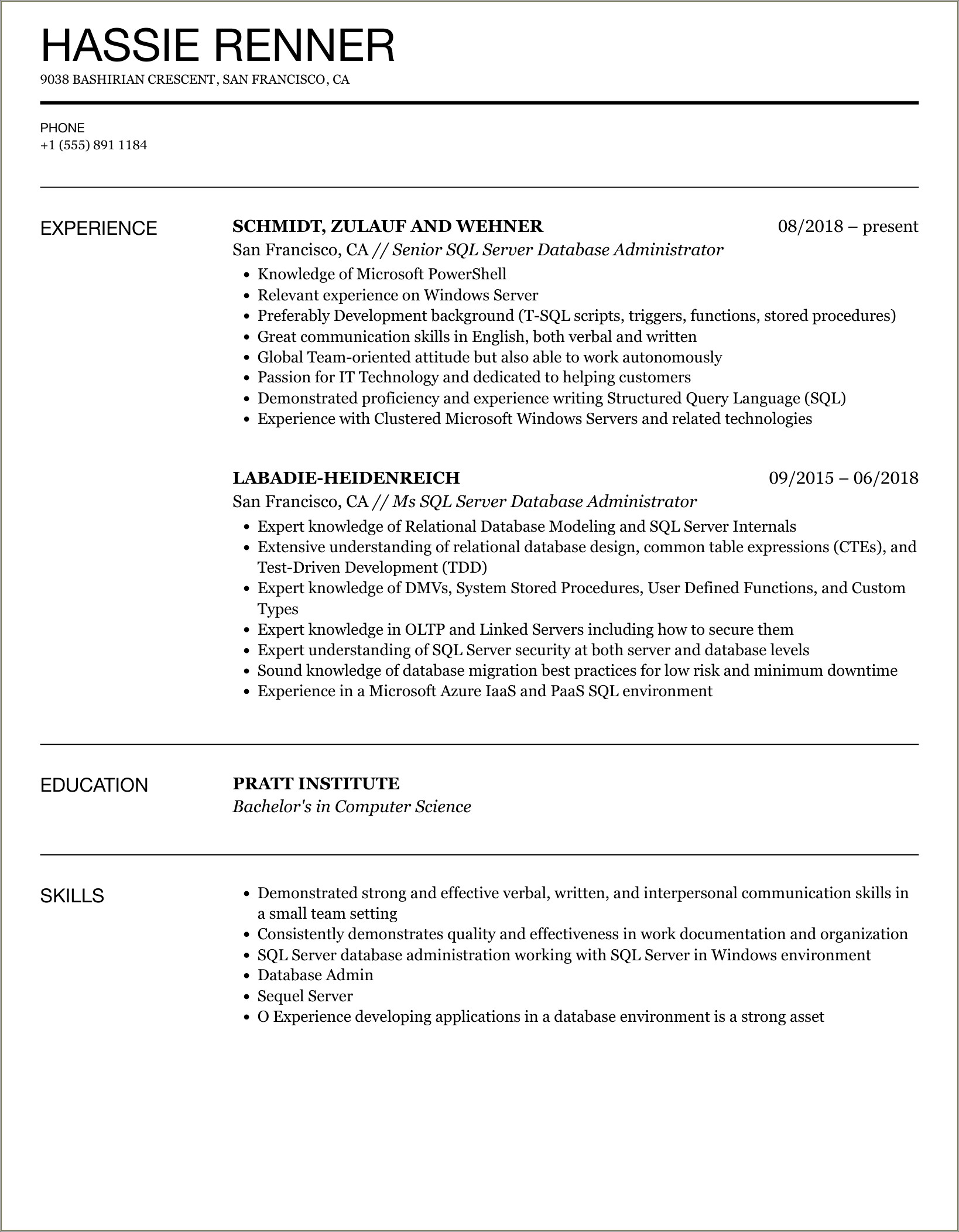 Sql Server Dba Etl Sample Resume