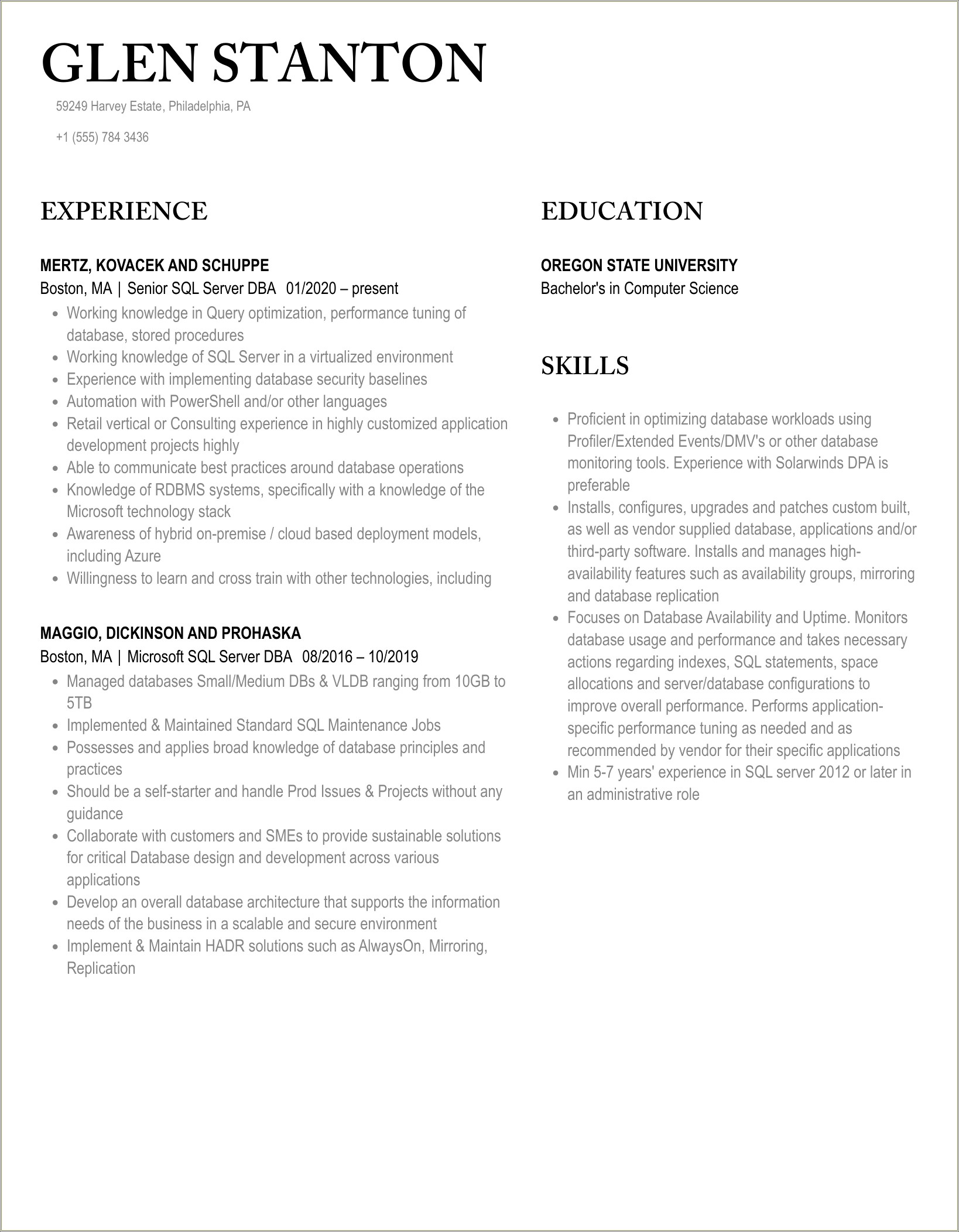 Sql Server Dba Fresher Resume Sample