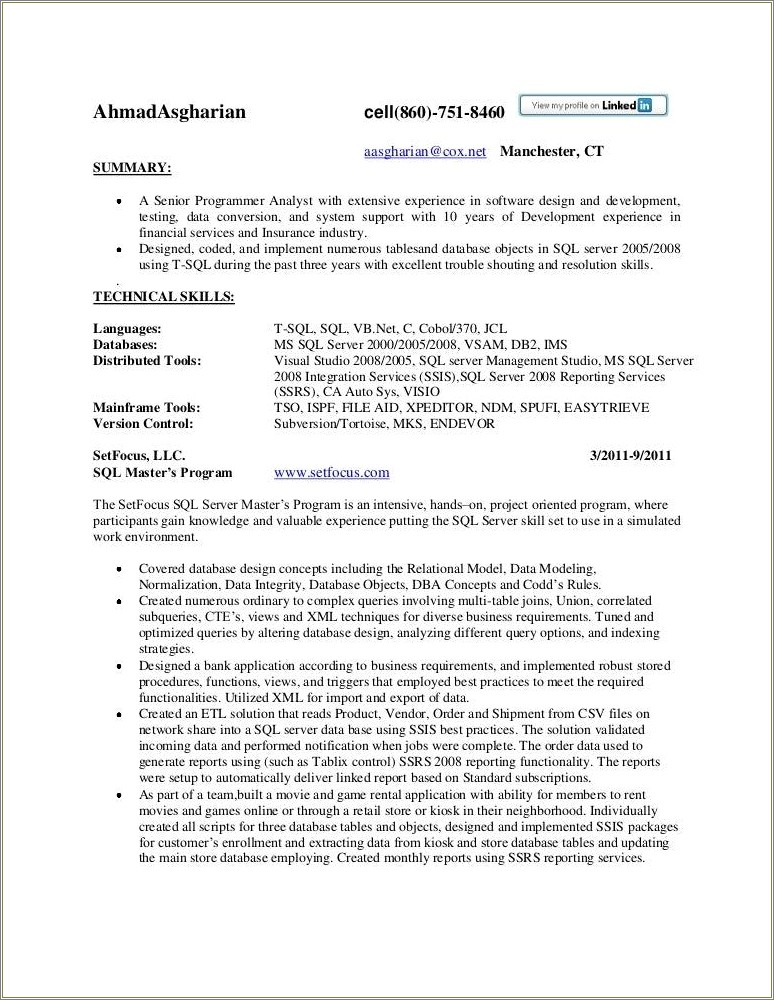 Sql Server Dba Resume For 10 Years Experience