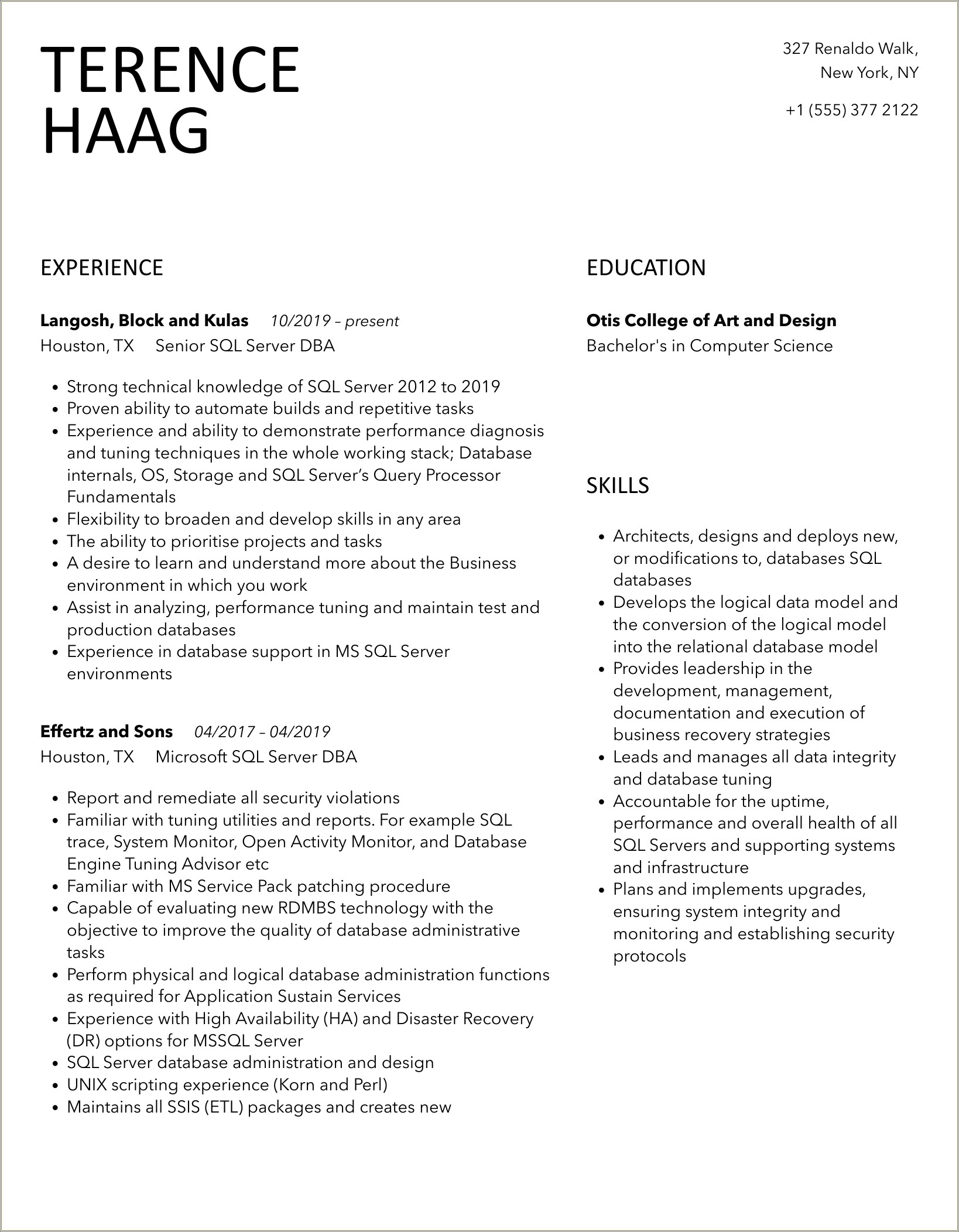 Sql Server Dba Resume With 2 Years Experience