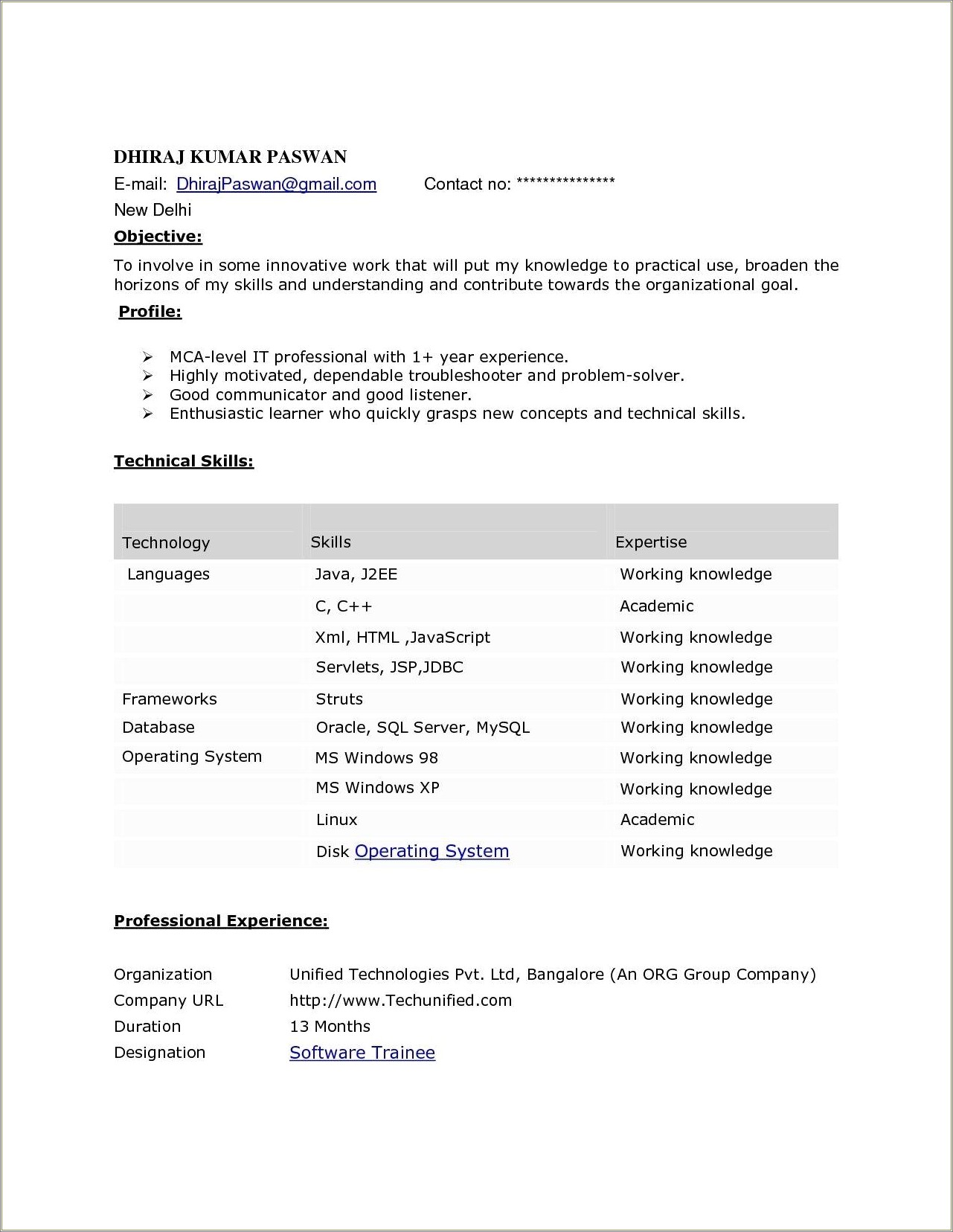 Sql Server Resume For 3 Year Experience