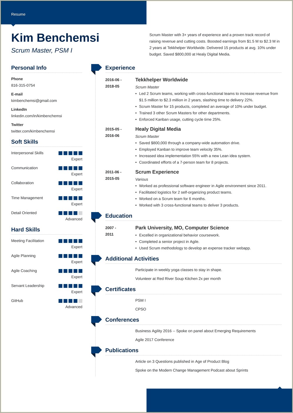 Sr Agile Coach Scrum Master Sample Resume