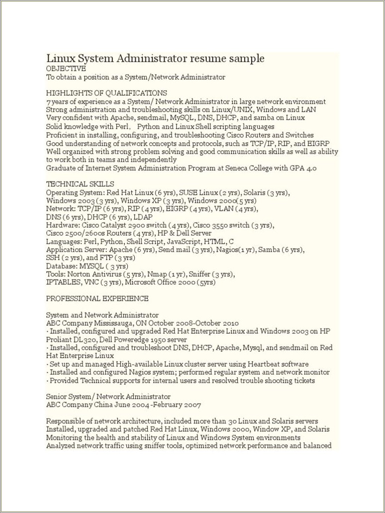 Sr Linux Systems Administrator Sample Resume