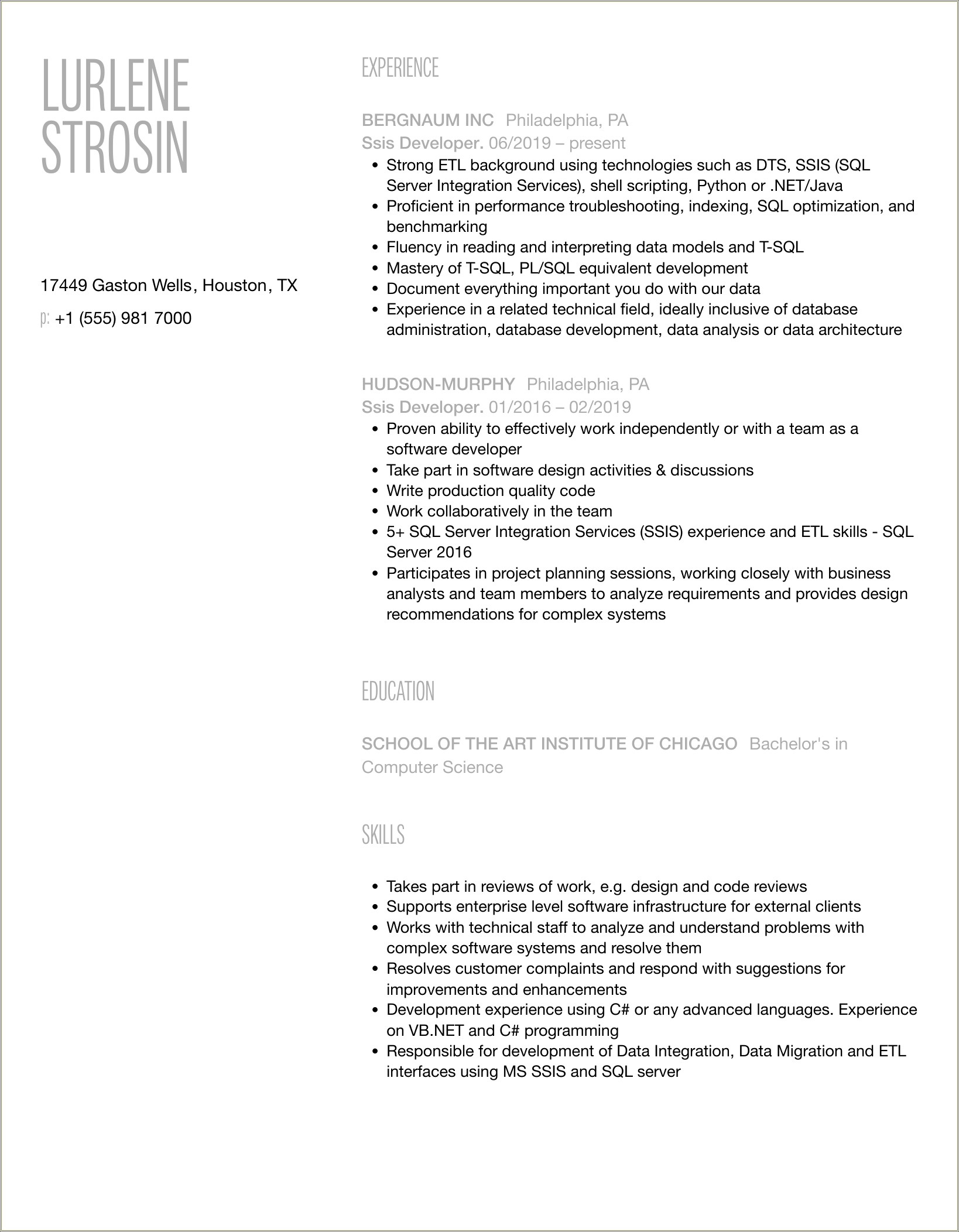 Ssis Developer 3 Years Experience Resume