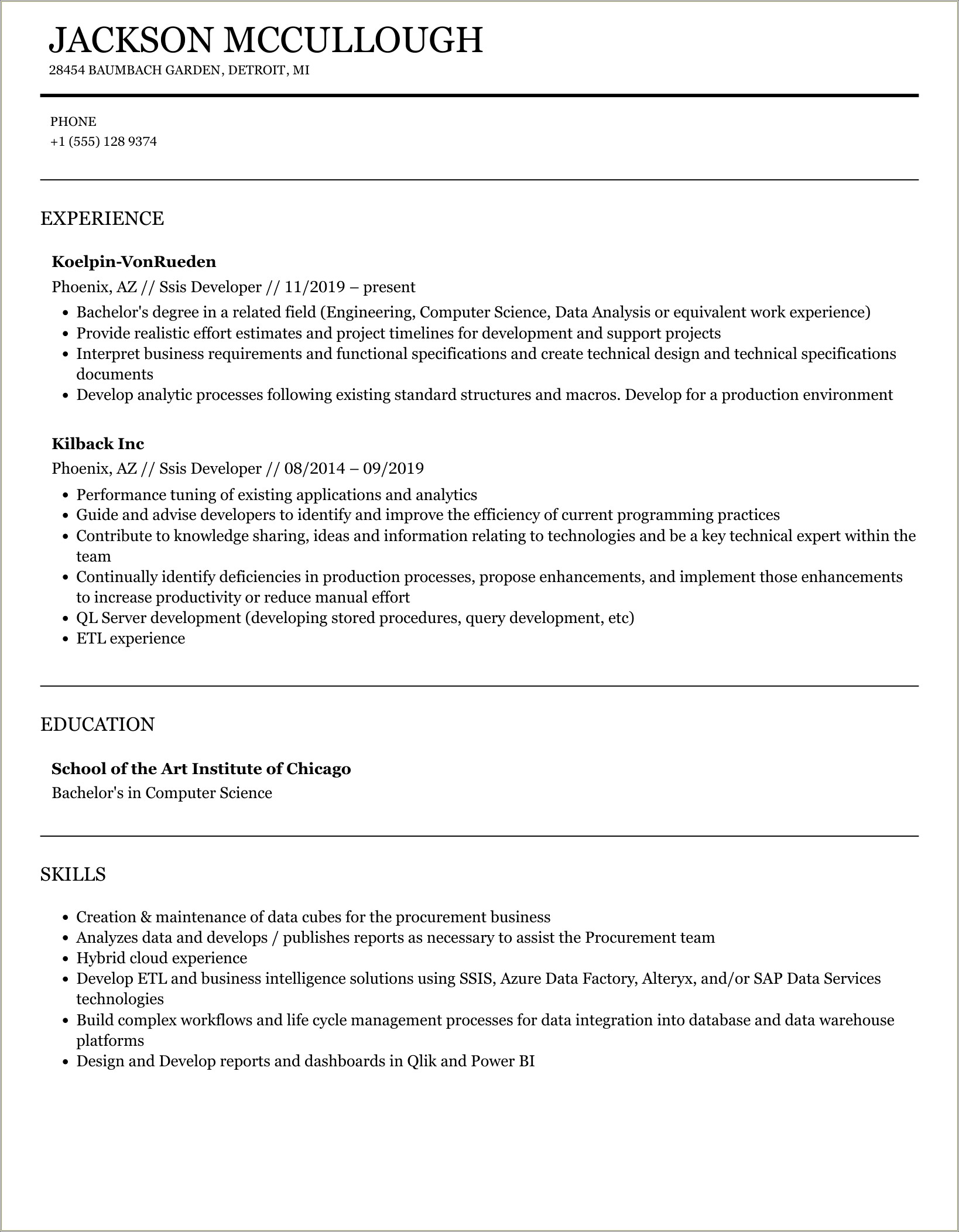 Ssis Resume For 1 Years Experience