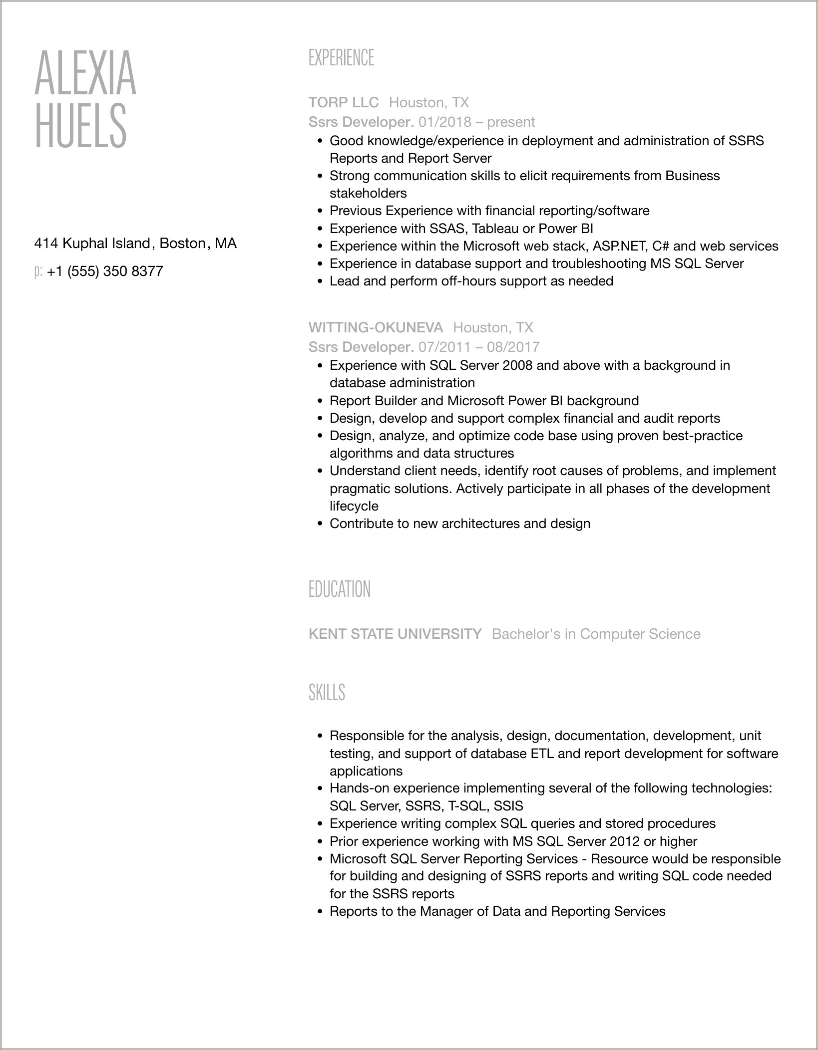 Ssrs Developer With Aws Experience Resume