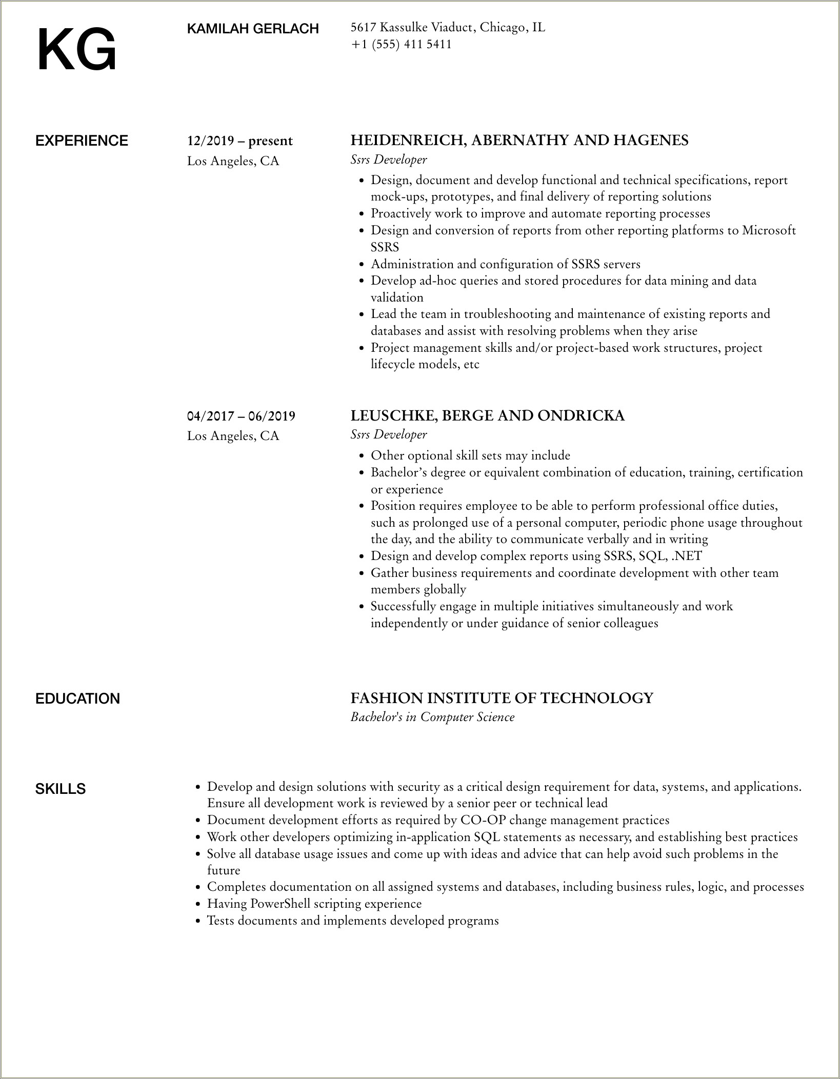 Ssrs Developer With Aws Job Title On Resume