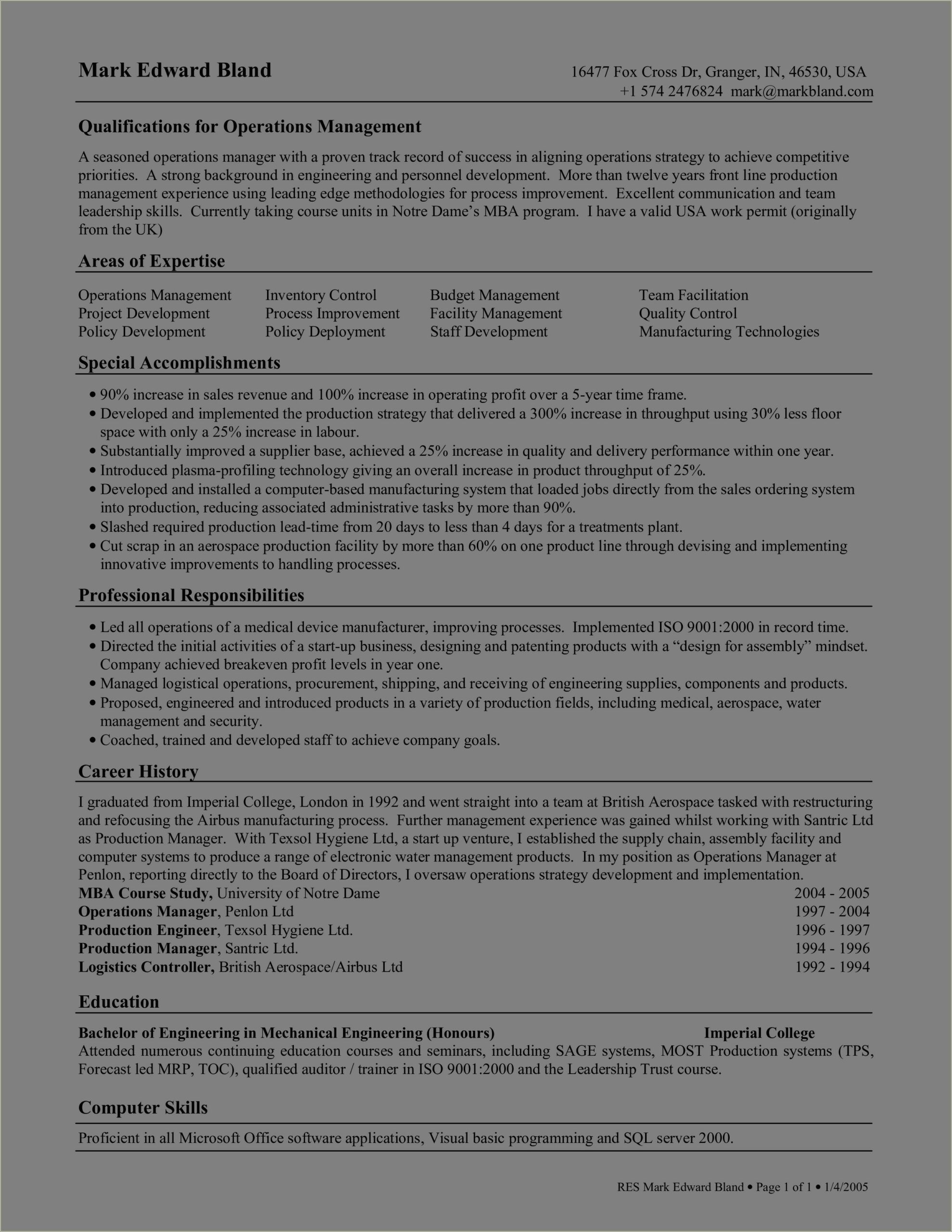 St Operations Manager For Manufacturing Company Resume