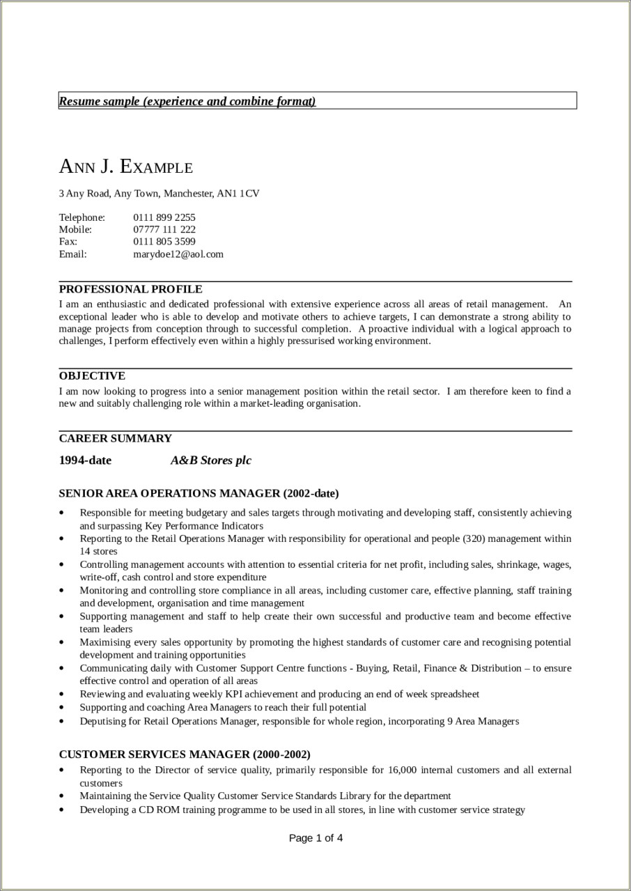 Standard Career Focus On Resume Examples