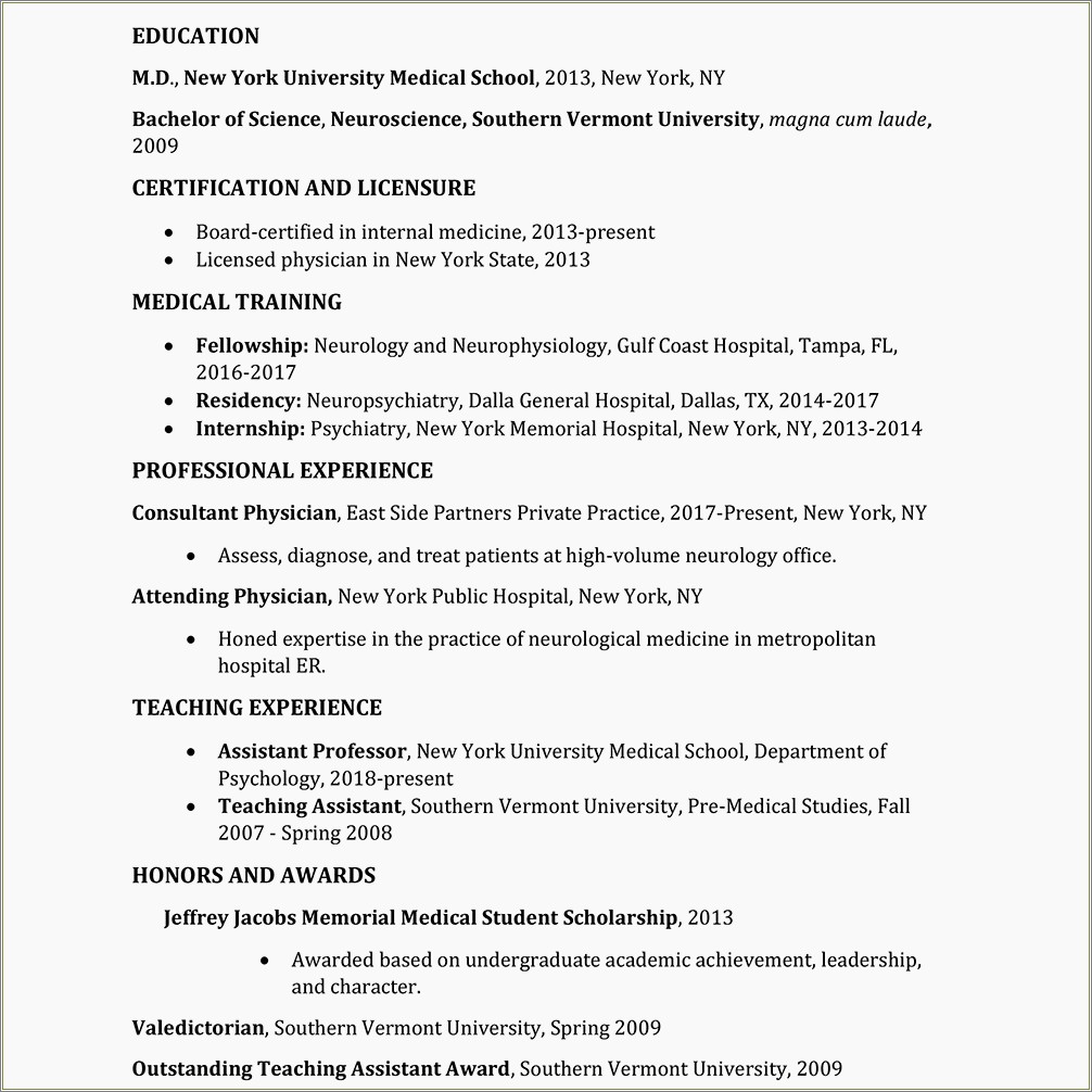 Standard Matriculated Applicant Med School Resume