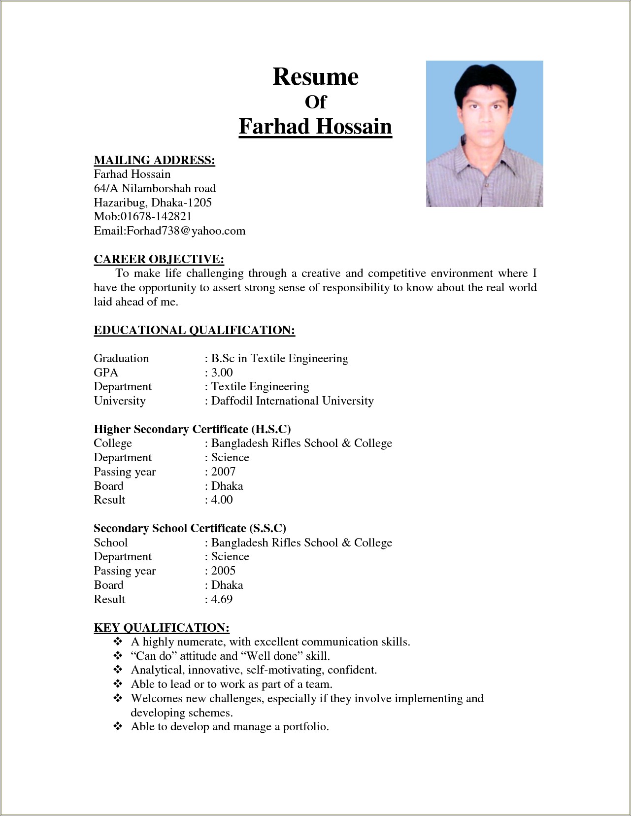 Standard Resume Format For Job Pdf