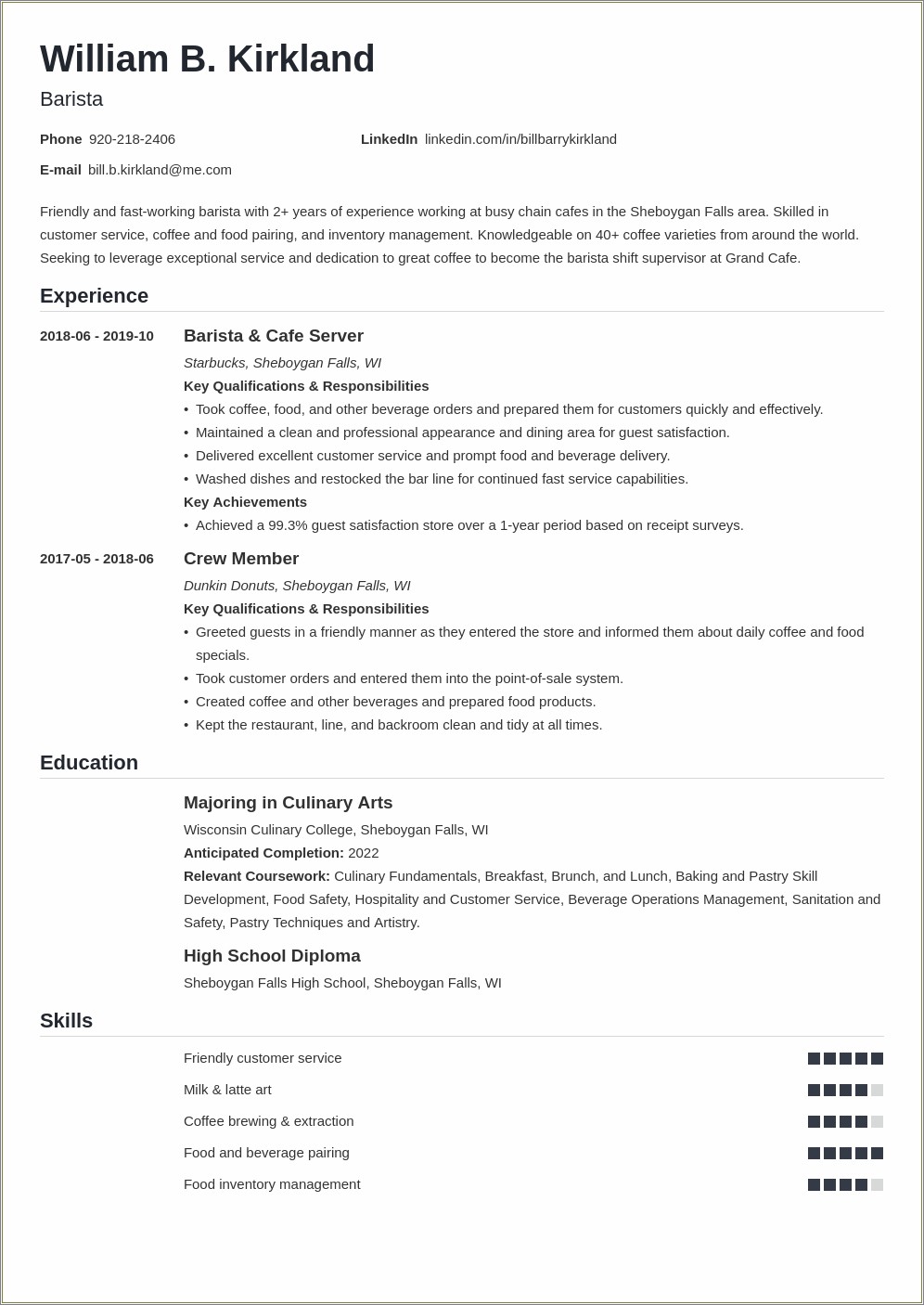 Starbucks Barista Job Duties For Resume