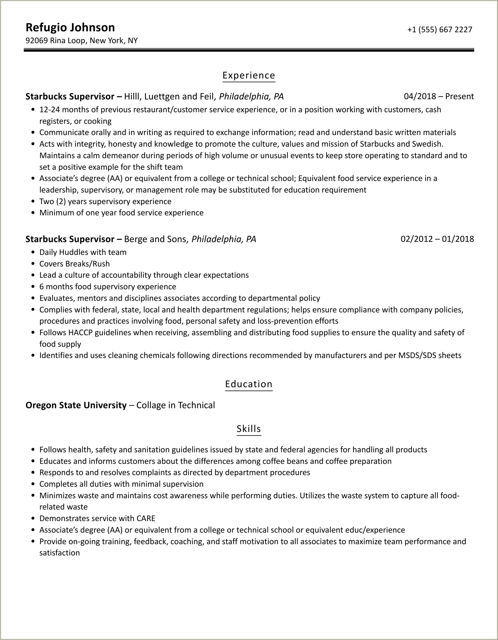 Starbucks Manager Job Description For Resume