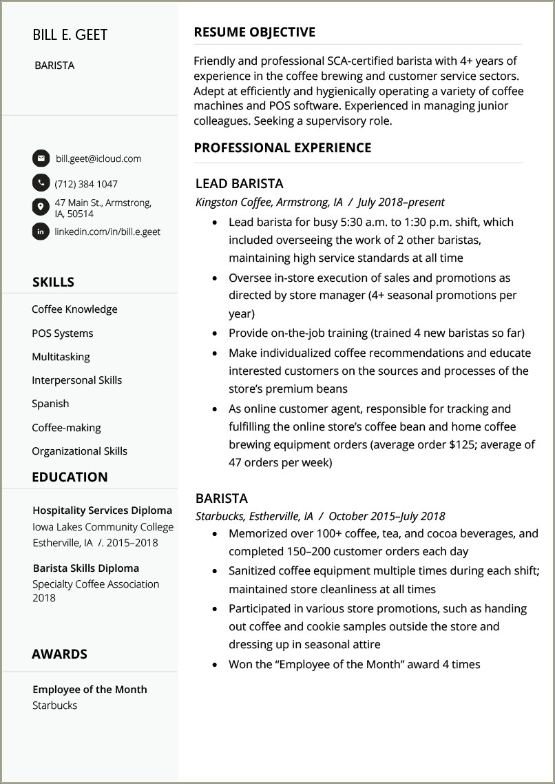 Starbucks Shift Supervisor Experience On Resume