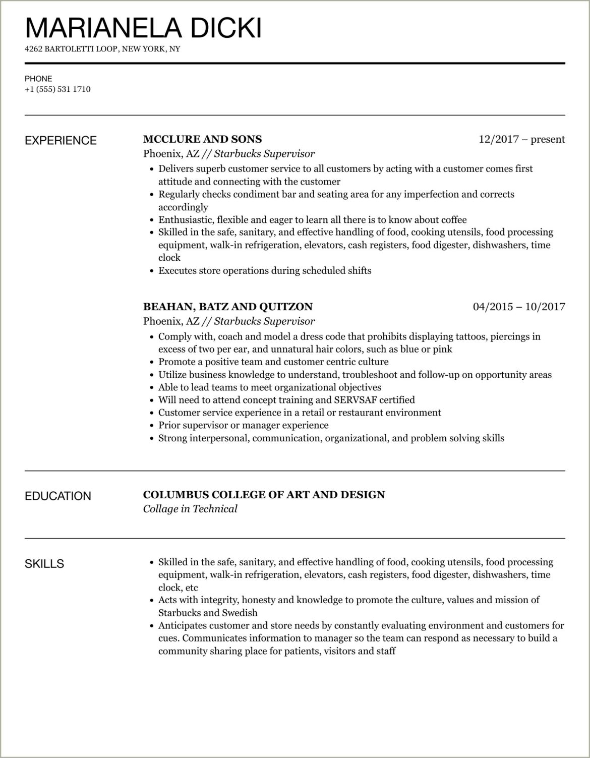 Starbucks Shift Supervisor Job Description For Resume