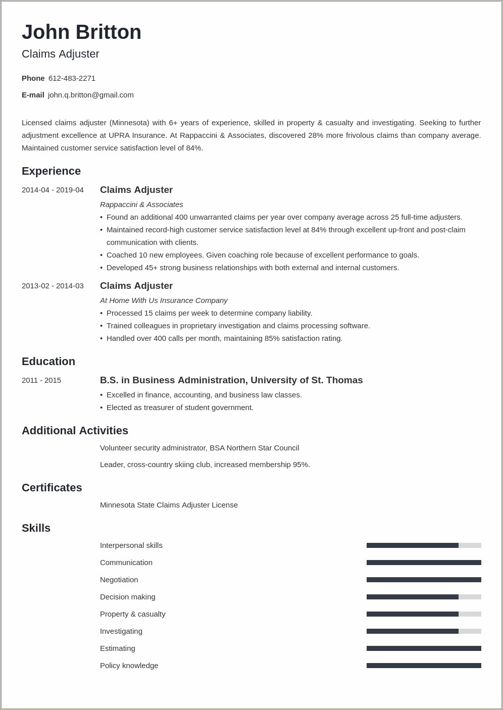 State Farm Claims Associate Resume Sample