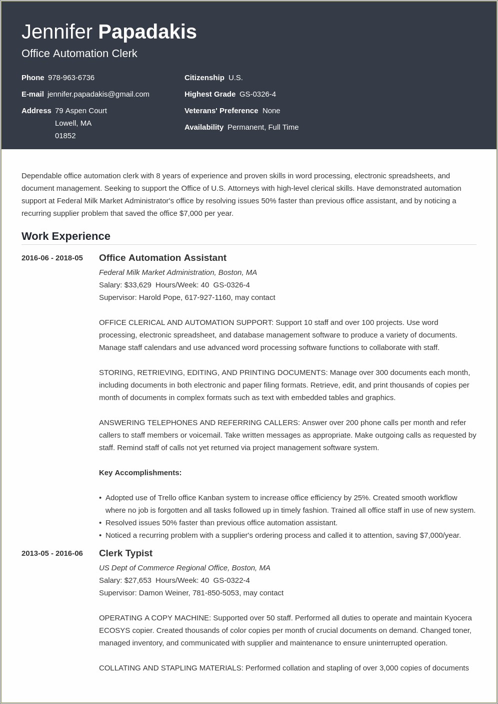 State Job Federal Or Civilian Resume