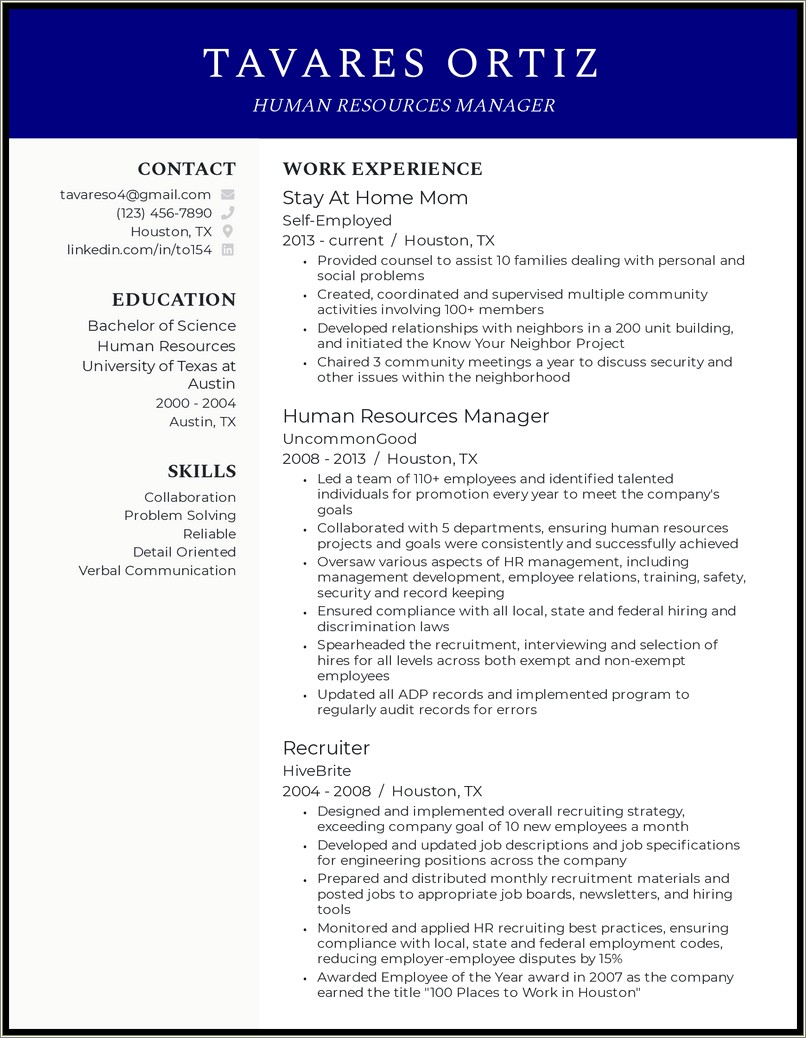 Stay At Home Mom Functional Resume Sample