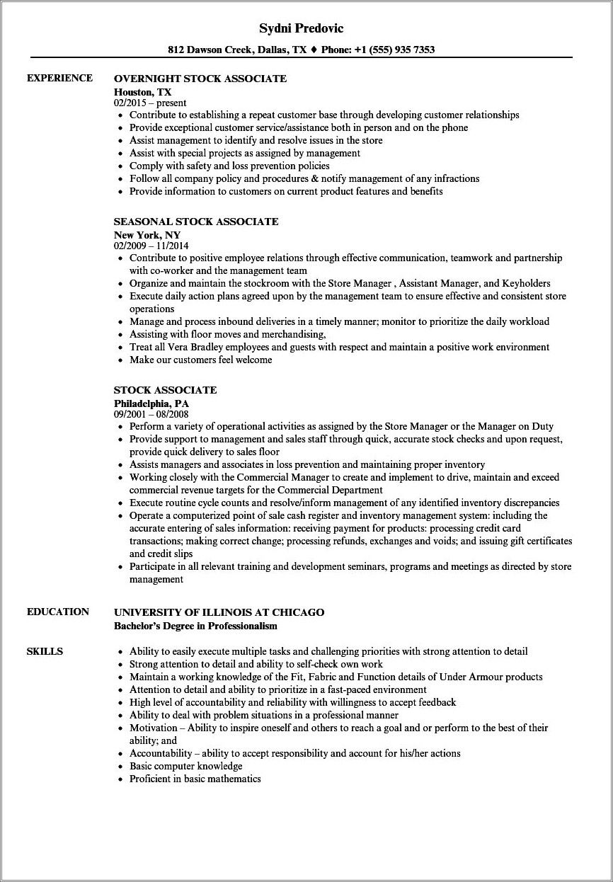 Stock Associate Job Description For Resume