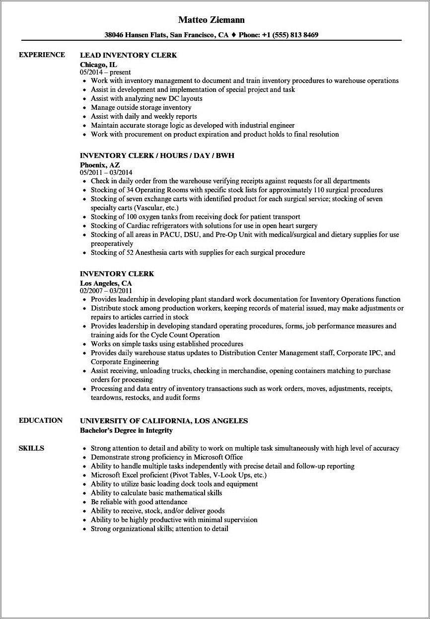 Stock Clerk Professional Summary For Resume