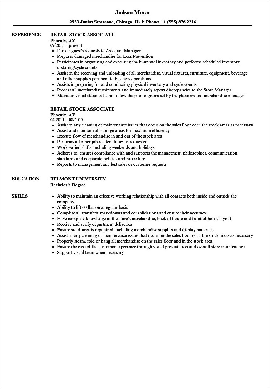 Stock Clerk Skills And Abilities Resume