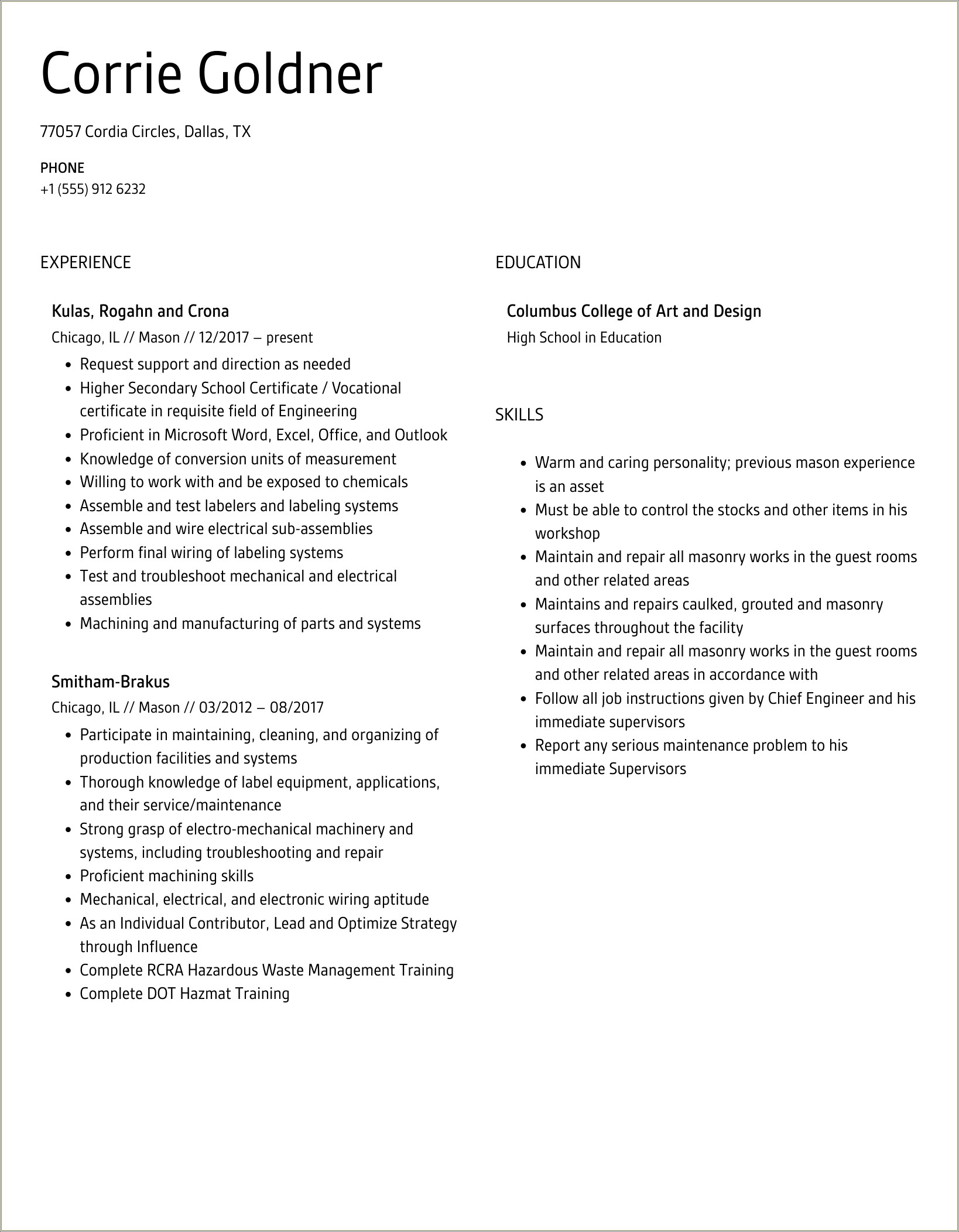 Stone Mason Job Description For Resume